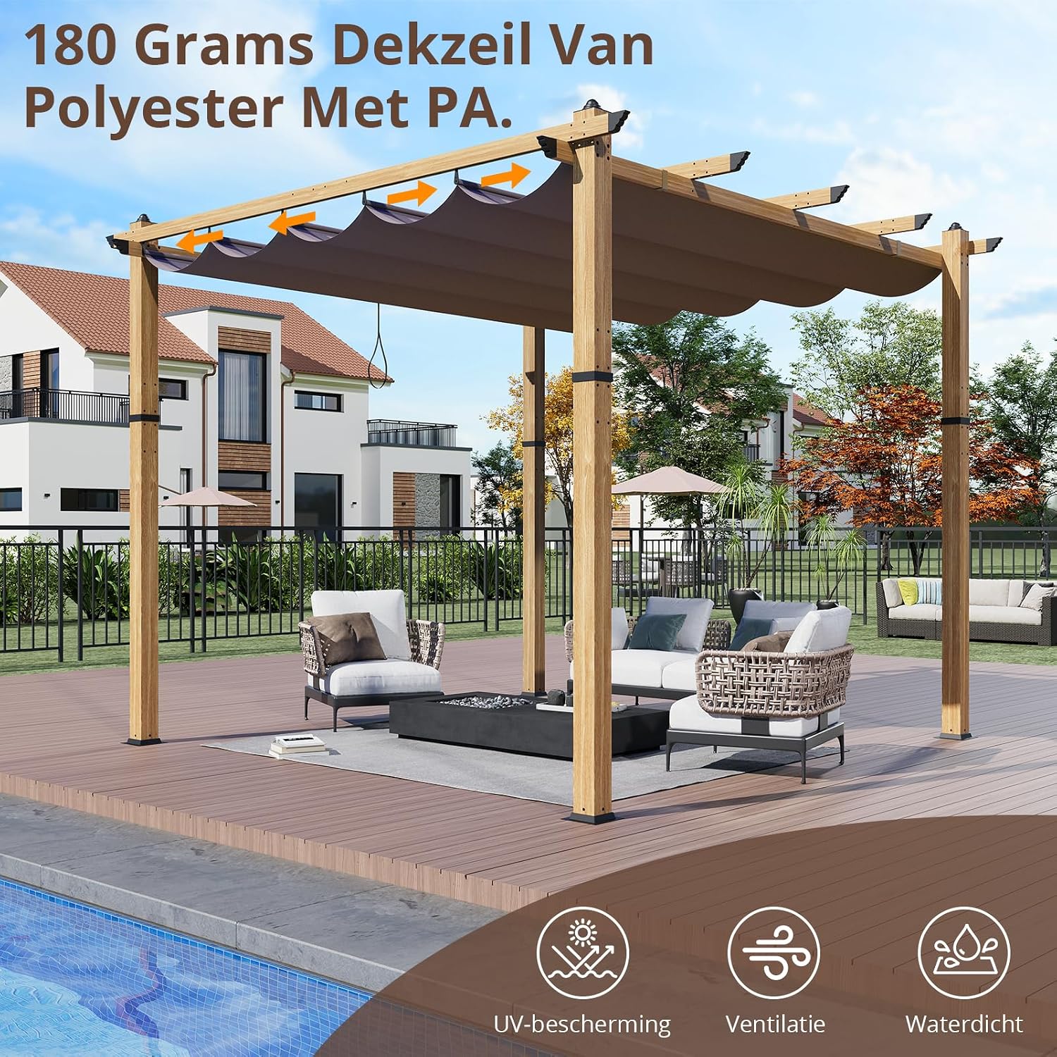 10x10 Ft Outdoor Retractable Pergola with Sun Shade Canopy, Heavy-Duty Aluminum Canopy Pergola Kits for Backyard, Faux Wood Grain Metal Patio Gazebo for Garden, Porch Beach, Grape Trellis - Khaki