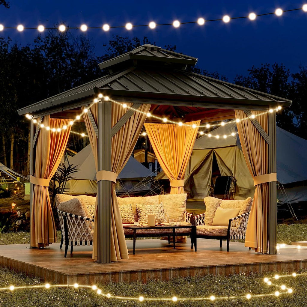 GAOMON 10x10/12 Ft Heavy-Duty Hardtop Pavilion – Double Roof Galvanized Steel Gazebo with Nettings & Curtains for Deck, Lawn & Patio, Brown+Black