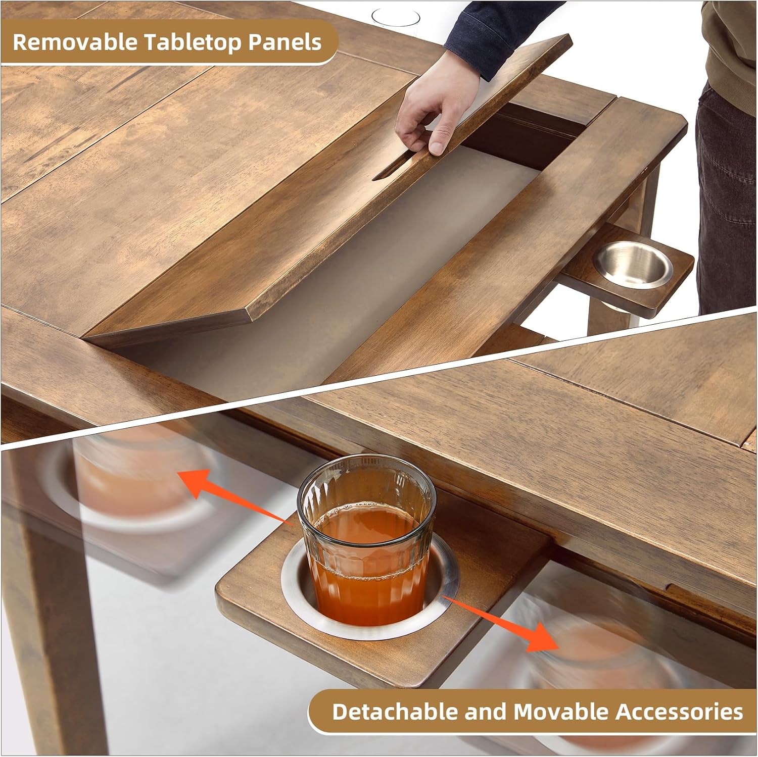 Coperat Solid Wood Board Game Table for 4-6 Players,Dining/Gaming Table w/ 54'x31' Big Gaming Space and Removable Top,Includes Game Mat, 6 Cup Holders & Hobby Tray, Light Walnut
