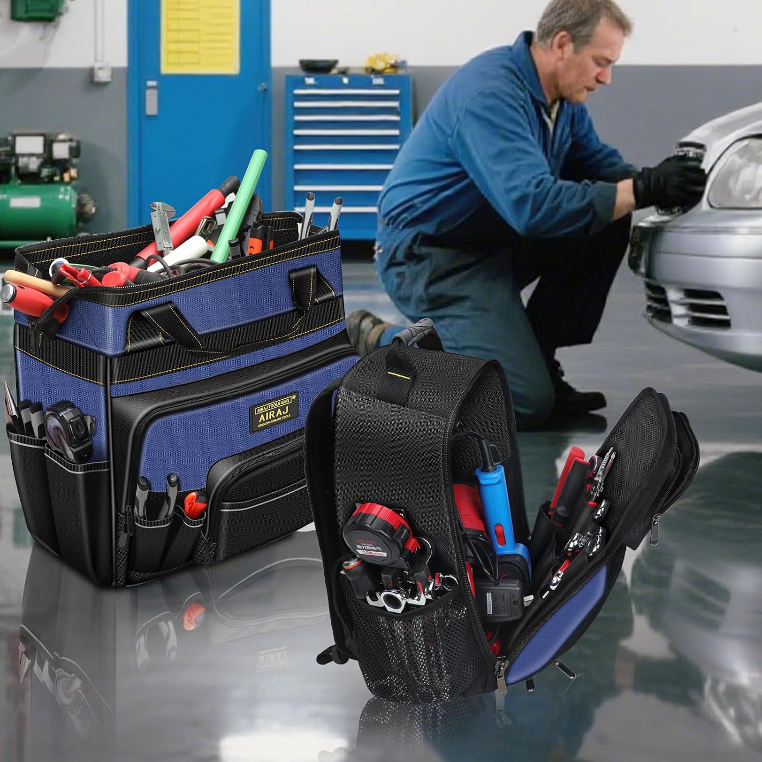 AIRAJ 21' Rolling Tool Bag with Wheels & 18' Tool Backpack Set | Adjustable Telescoping Handle | Waterproof Tool Bag | Tool Backpack Heavy Duty | 1680D Oxford Cloth | USB Charging Port | 55 Pockets