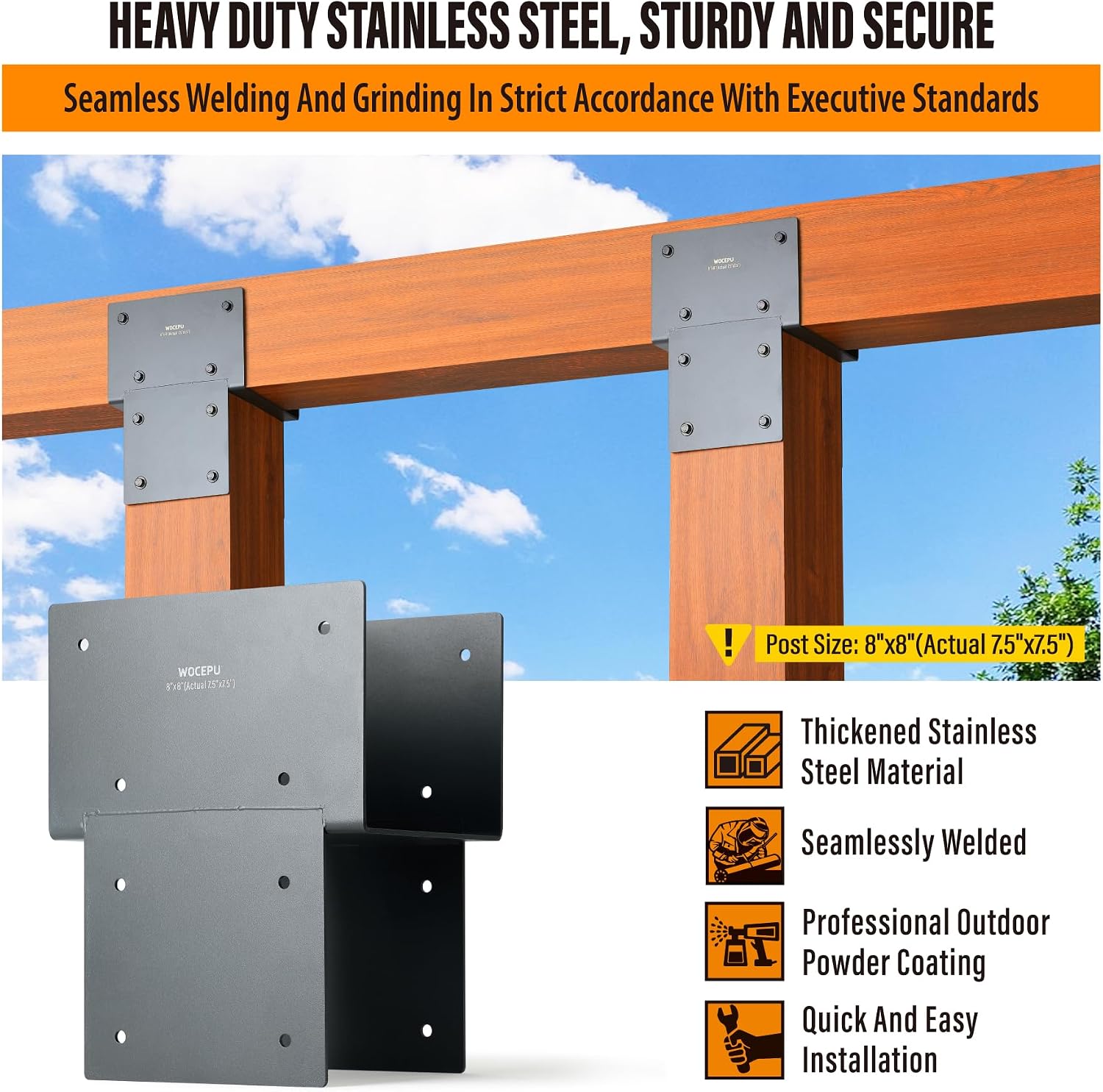 2 Pack Heavy Duty 8x8 (Actual 7.5'x7.5') Stainless Steel Post Caps Tie Bracket , Fit Connecting Wood Gazebo, Deck Patio Post and Wood Beams Bracket ( Dark Ggray)