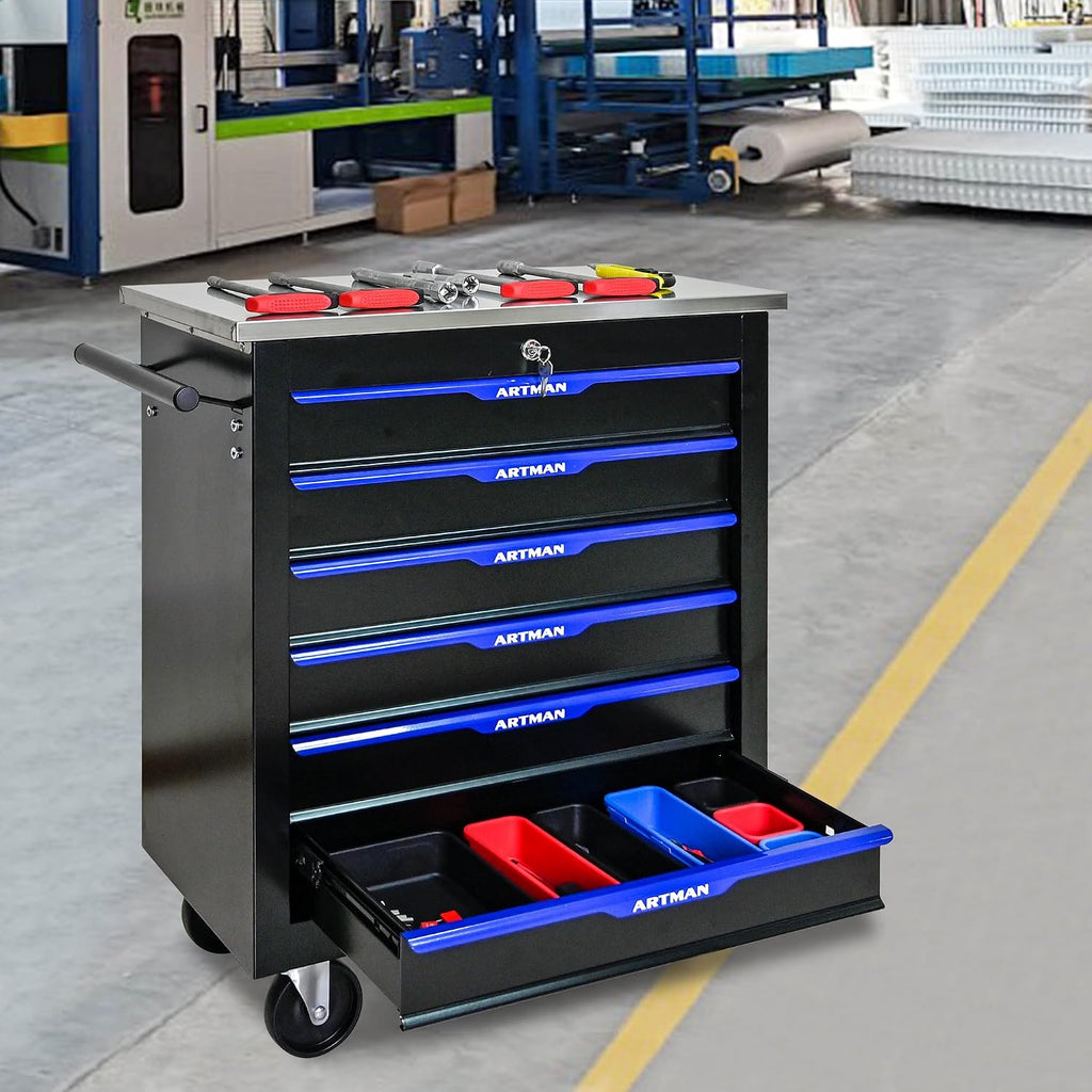 6 Drawers Rolling Tool Chest Cart PLUS ,Tool Storage Cabinet With 4 Wheels.Tool Cabinet Trolley With Locking System and Stainless Steel Countertops.Tool Storage Cart for Garage,Workshop,Warehouse