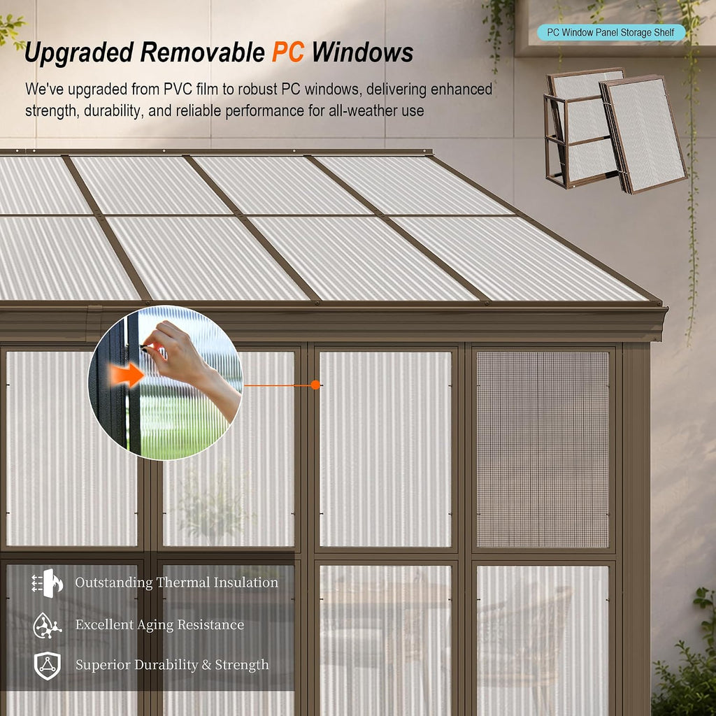 Domi 10x14FT All Season Sunroom, Outdoor Permanent Wall Mounted Solarium with Detachable Polycarbonate Windows, Aluminum Lean to Gazebo Sun Room with 2 Lockable Sliding Doors for Garden Patio Deck