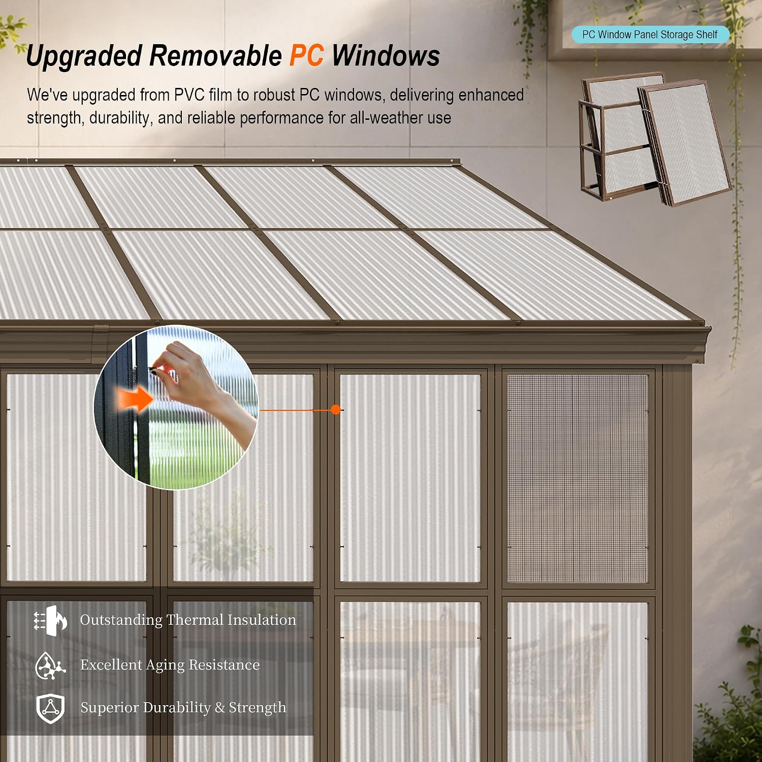 Domi 10x14FT All Season Sunroom, Outdoor Permanent Wall Mounted Solarium with Detachable Polycarbonate Windows, Aluminum Lean to Gazebo Sun Room with 2 Lockable Sliding Doors for Garden Patio Deck