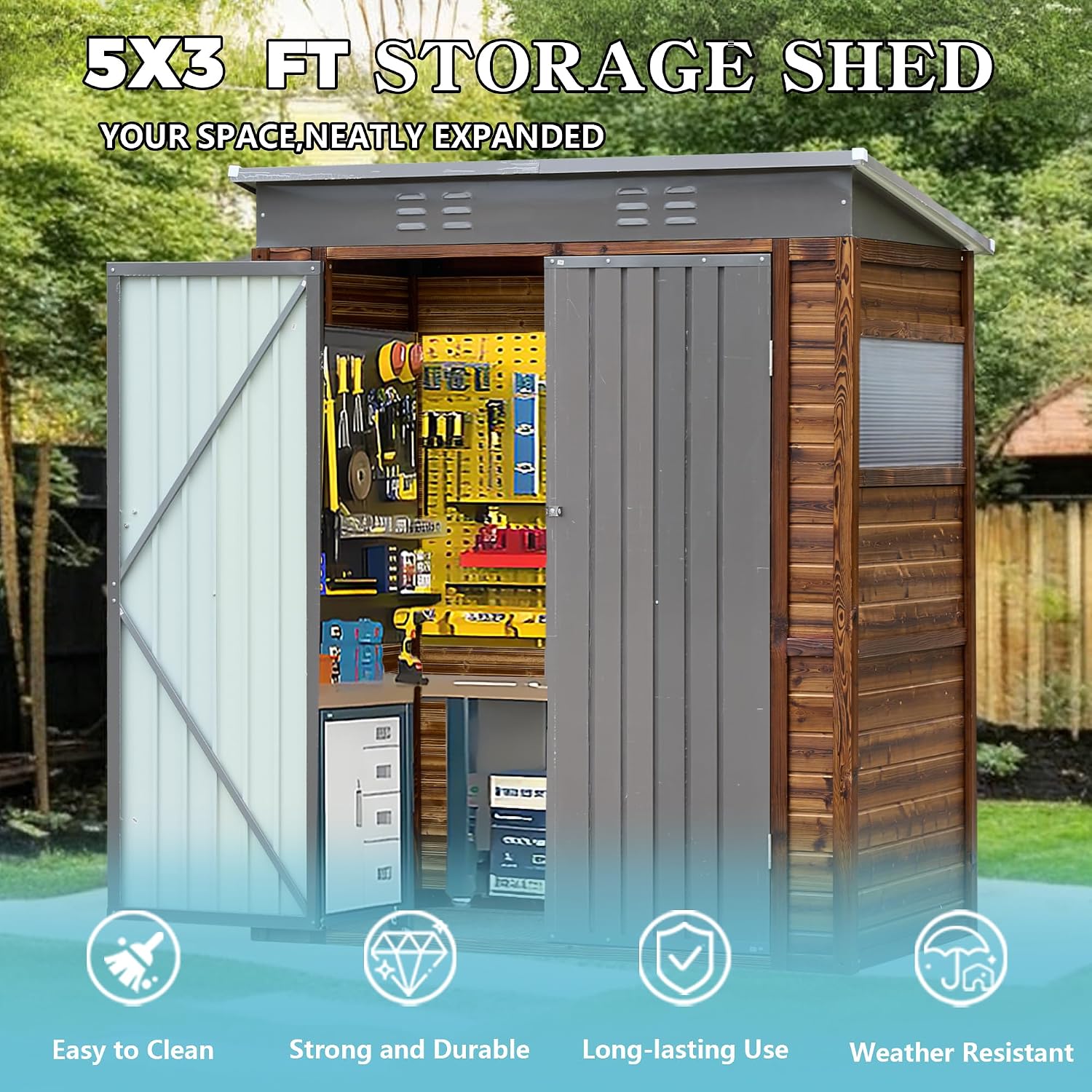 3x5 FT Outdoor Tool Shed, Wood-Iron Combination Storage Shed with Ventilation, Weather-Resistant Roof, Lockable Doors & Wood Grain Finish for Backyard and Garden