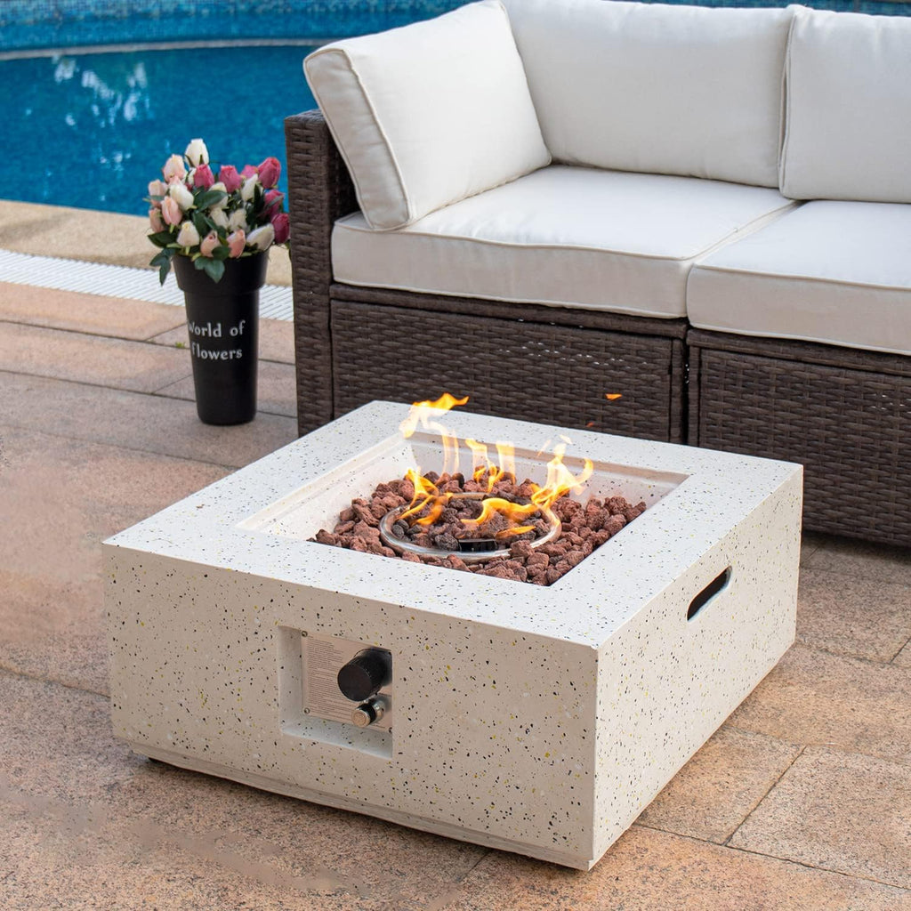 COSIEST Outdoor Propane Fire Pit Coffee Table, 28-inch Terrazzo Square Base Patio Heater w Certified, 40,000 BTU Stainless Steel Burner, Free Lava Rocks and Rain Cover