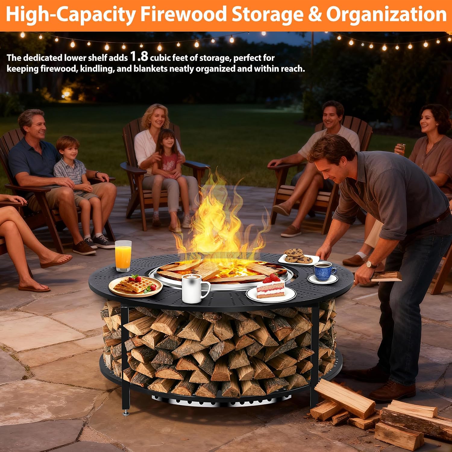 40 Inch Compact Fire Pit Surround Tabletop for Solo Stove Ranger & Tiki 20, Outdoor Patio Stand with Firewood Storage Shelf, Heavy Duty Steel, 200LB Capacity