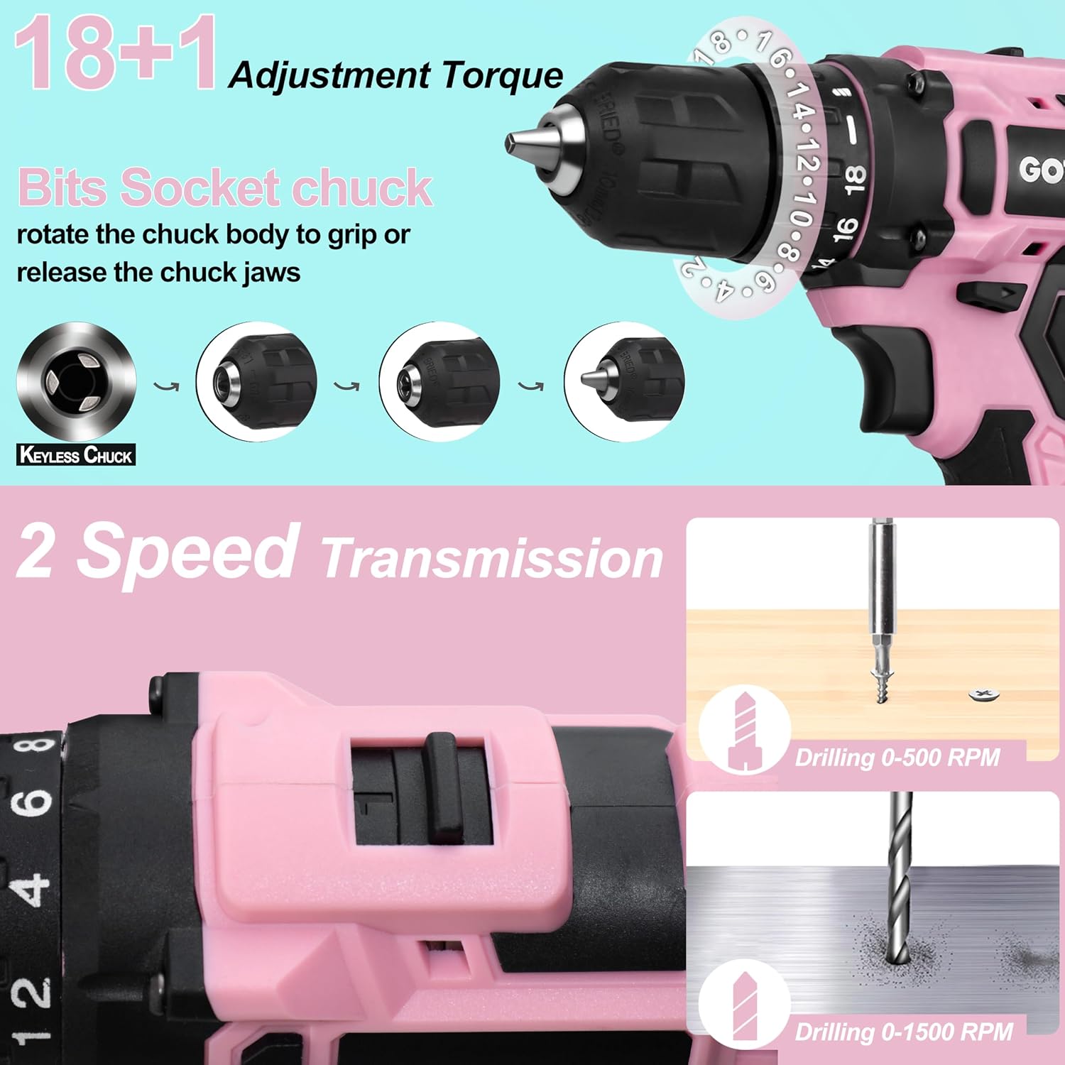 Cordless Drill Set, 293-Piece Household Tool Kit with 20V Electric Drill, Power Drill Sets Repairing Kit, Electric Screwdriver Driver Tool Kit for Home Maintenance, DIY and Crafts(Pink 2026)
