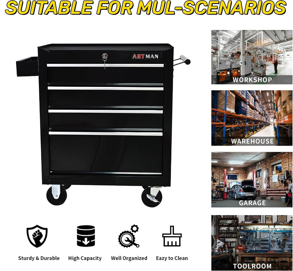 Campfun Rolling Tool Box, 4-Drawer Metal Tool Cart with Hanging Box, Storage Organizer Trolley with Interlock System, Multifunctional Mechanic for Garage, Warehouse, Workshop, Repair Shop, Black