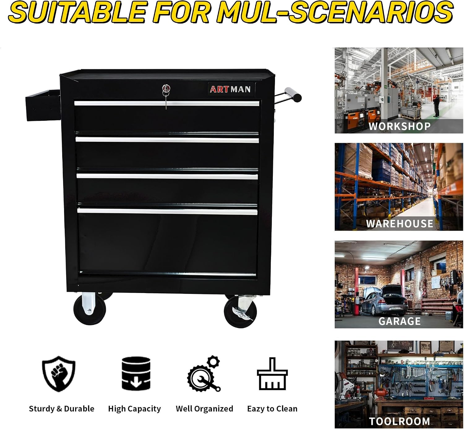Campfun Rolling Tool Box, 4-Drawer Metal Tool Cart with Hanging Box, Storage Organizer Trolley with Interlock System, Multifunctional Mechanic for Garage, Warehouse, Workshop, Repair Shop, Black