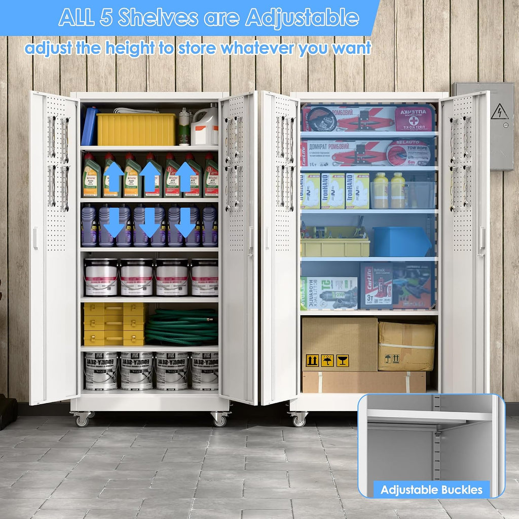 Metal Storage Cabinet with Wheels and Pegboard,71' H x 32' W x 16' D Garage Storage Cabinet with 2 Doors and 5 Adjustable Shelves for Garage, Home, Warehouse, Closet, Assembly Required, White