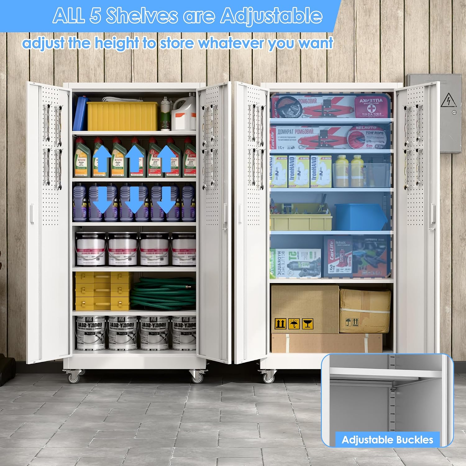 Metal Storage Cabinet with Wheels and Pegboard,71' H x 32' W x 16' D Garage Storage Cabinet with 2 Doors and 5 Adjustable Shelves for Garage, Home, Warehouse, Closet, Assembly Required, White