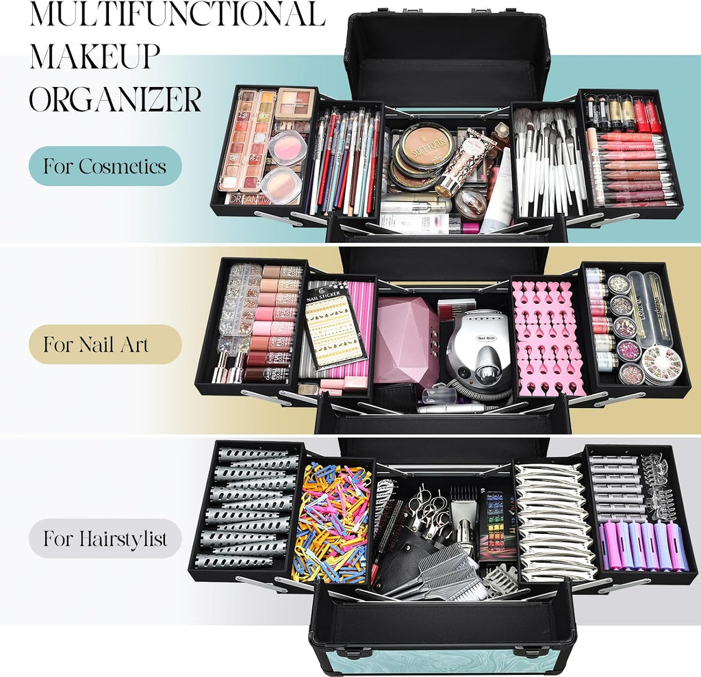 Yueieoun Rolling Makeup Case, 4 in 1 Makeup Case on Wheels, Professional Makeup Trolley, Cosmetic Train Case Makeup Cart Travel Trolley with Key for MUA, Hairstylists, Nail Tech, Turquoise Vitality