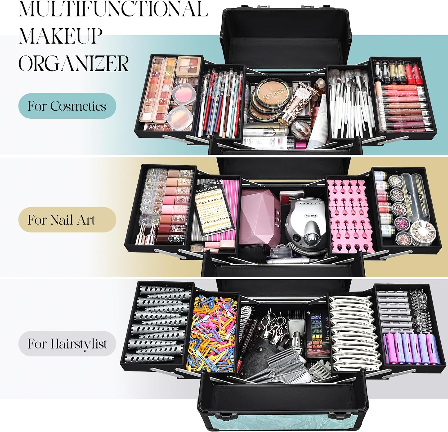 Yueieoun Rolling Makeup Case, 4 in 1 Makeup Case on Wheels, Professional Makeup Trolley, Cosmetic Train Case Makeup Cart Travel Trolley with Key for MUA, Hairstylists, Nail Tech, Turquoise Vitality