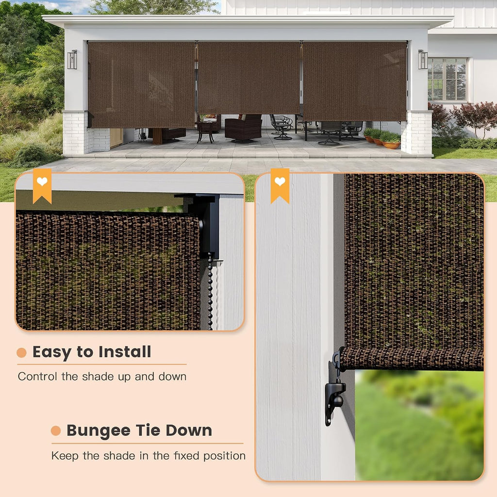 VICLLAX Customized Size Outdoor Roller Shade, Patio Cordless Roller Blinds, Exterior Roll Up Shade with Spliced Design for Patio Porch Gazebo