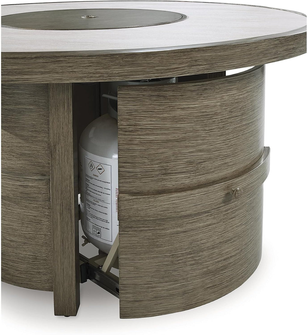 Signature Design by Ashley Rainier Ranch Contemporary Sintered Stone Tabletop Outdoor Fire Pit Table with Pedestal Base, Light Brown & Beige