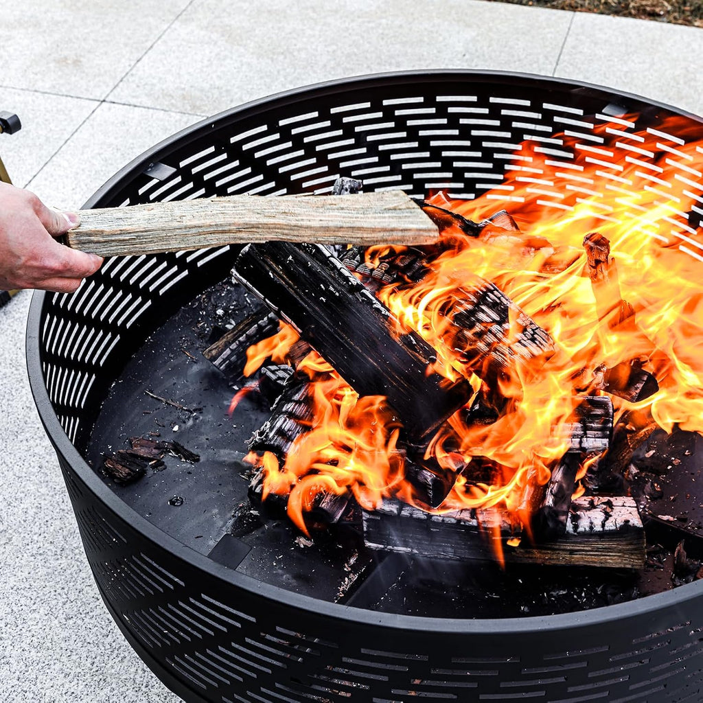 OutVue 32' Wood Burning Fire Pits with Grill & Lid, Fire Pit Table for Outside with Waterproof Cover & Fire Poker, Outdoor Firepit with Functions for BBQ,Table and Bonfire