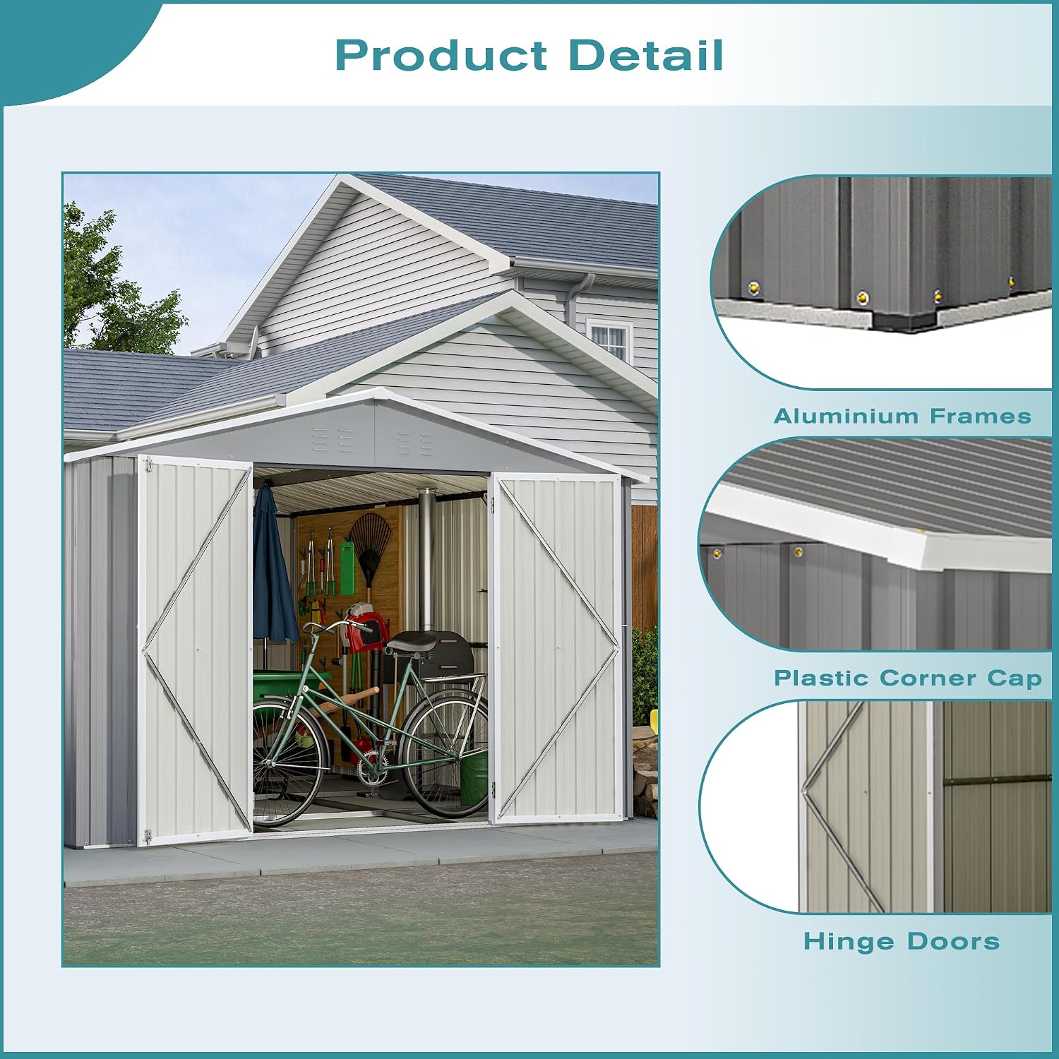 10 x 12 ft. Outdoor Storage Shed with Floor Frame Kit, Galvanized Steel Garden Shed, Metal ShedsGarden Tool Shed with Double Lockable Doors for Backyard Patio Lawn, Gray