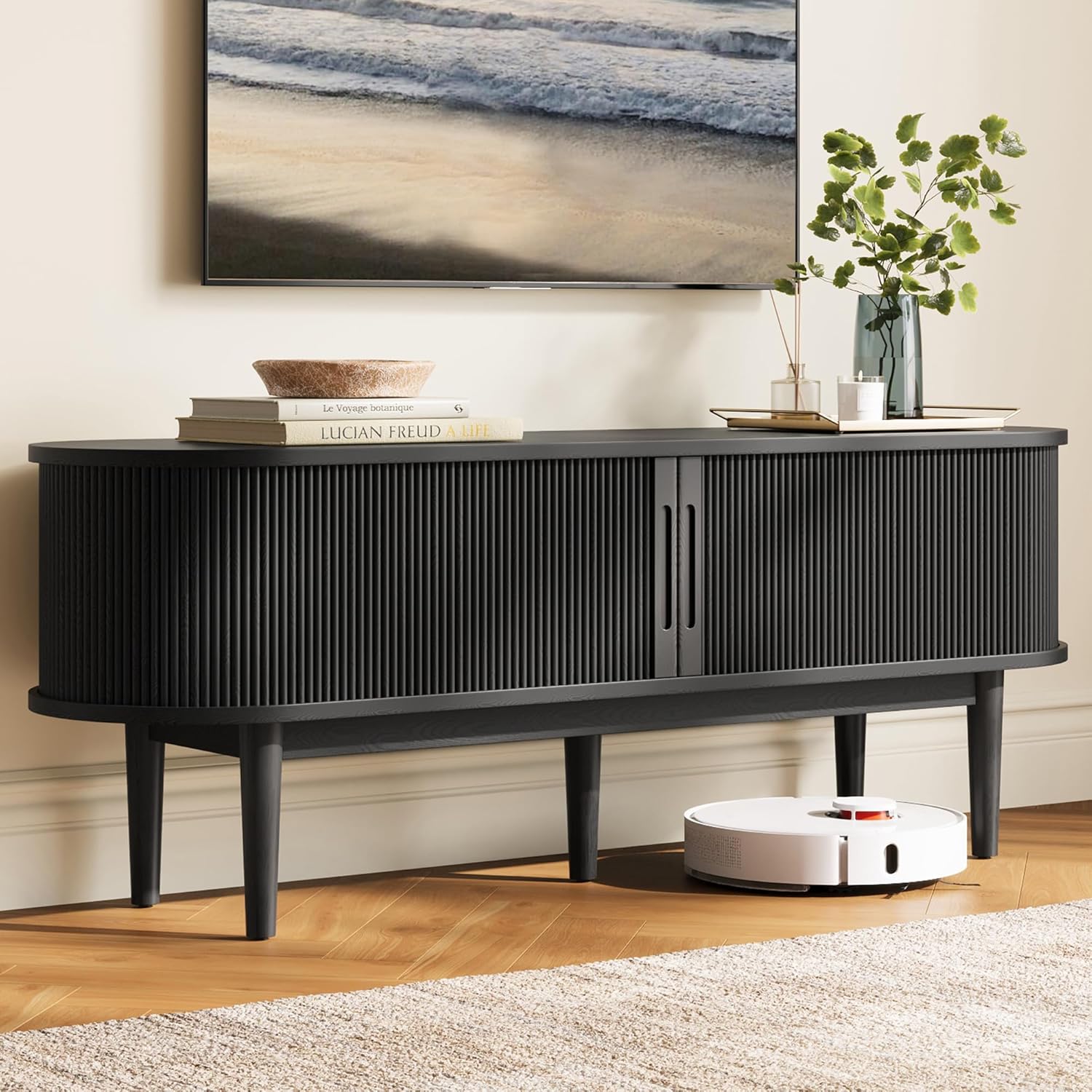 LINSY HOME 58' Fluted TV Stand for TVs up to 65 Inch, Mid Century Modern Entertainment Center with Storage Cabinet and Sliding Doors, Farmhouse Wood Media TV Console for Living Room, Bedroom, Black