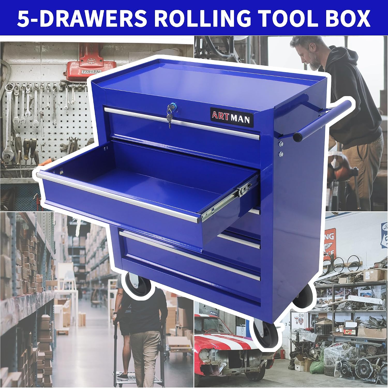 Larmliss 5-Drawer Rolling Tool Cart, Rolling Tool Box on Wheels, Lockable Home Repair Tool Storage Organizer, Tool Chest Cabinet for Mechanic, Garage
