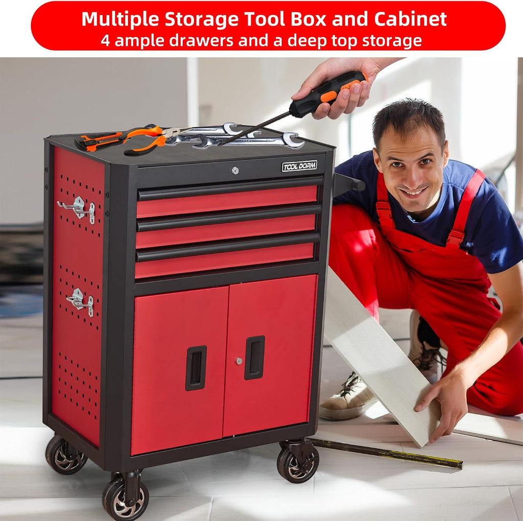 Tool Chest with Wheels - 28inch Tool Box with 3 Drawers & 1 Big Tool Cabinet with 2 Door, Metal Rolling Tool Cabinet with Locking System, for Garage, Warehouse, Workshop, Repair Shop
