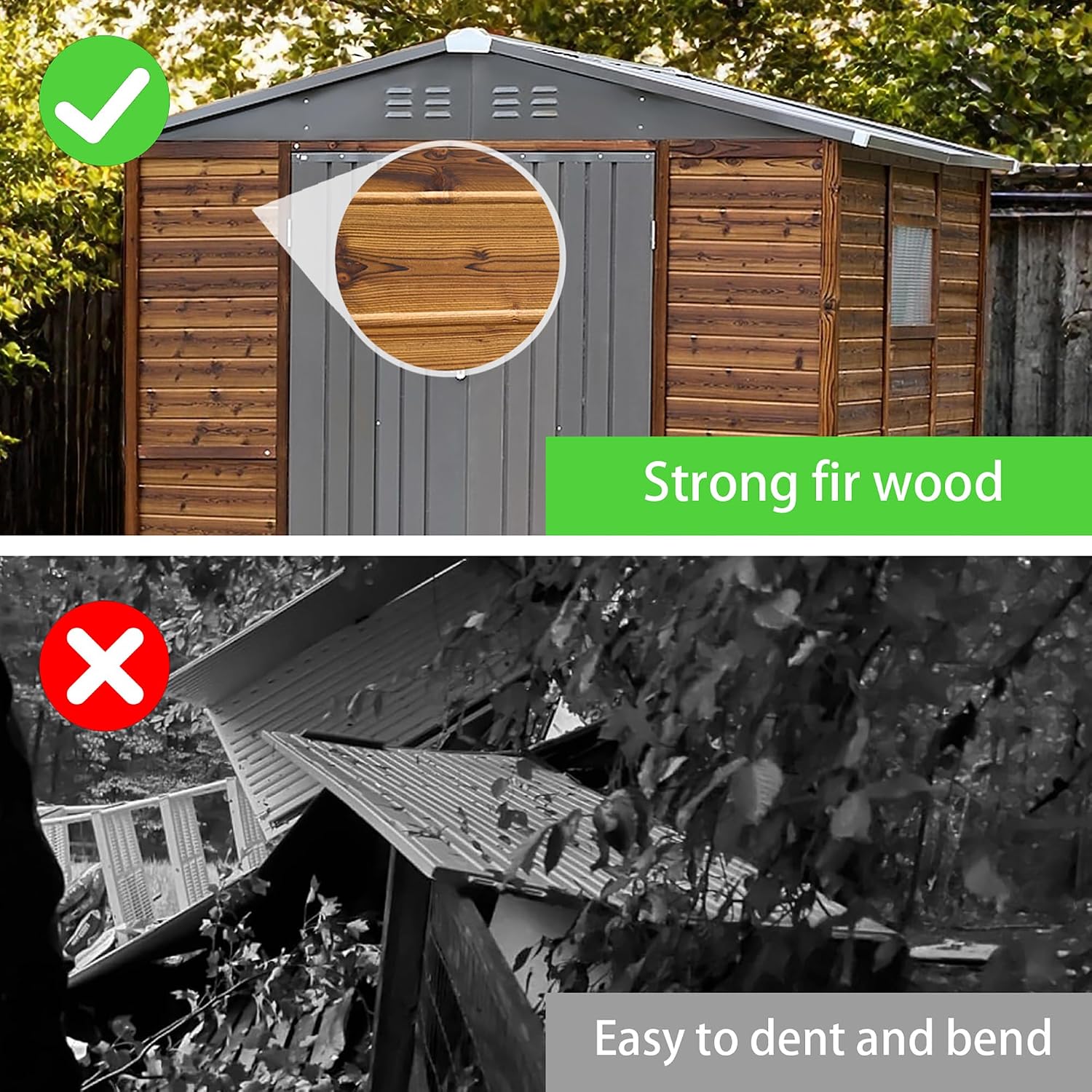 6x8 FT Outdoor Tool Shed, Wood-Iron Combination Storage Shed with Ventilation, Weather-Resistant Roof, Lockable Doors & Wood Grain Finish for Backyard and Garden