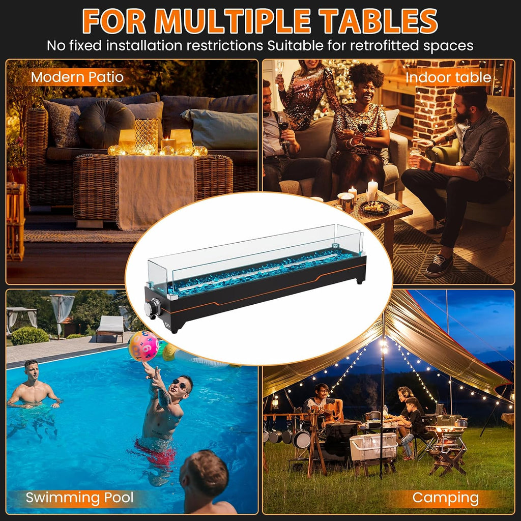 GRISUN Tabletop Fire Pit,28 Inch Propane Fire Pit Table,45000 BTU Table Top Firepit with Glass Wind Guard,Stainless Steel Burner,Fire Glass,Portable Propane fire Pit for Patio, Camping, Backyard & RV
