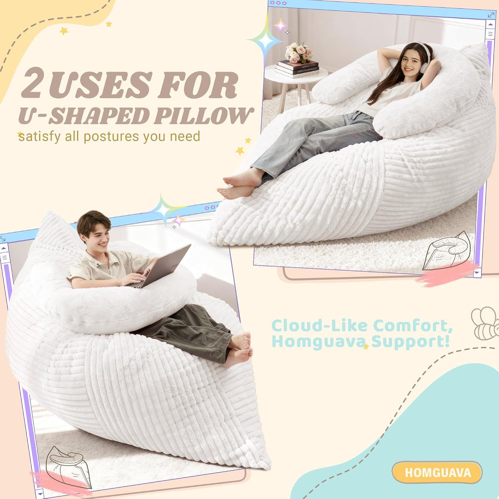 Homguava Giant Bean Bag Chair for Adults with Pillow, 4 in 1 Convertible Floor Cushion for Adluts, Memory Foamed Bean Bag Lounger with Washable Cover for Living Room, Bedroom