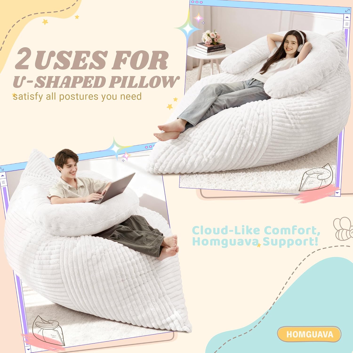 Homguava Giant Bean Bag Chair for Adults with Pillow, 4 in 1 Convertible Floor Cushion for Adluts, Memory Foamed Bean Bag Lounger with Washable Cover for Living Room, Bedroom