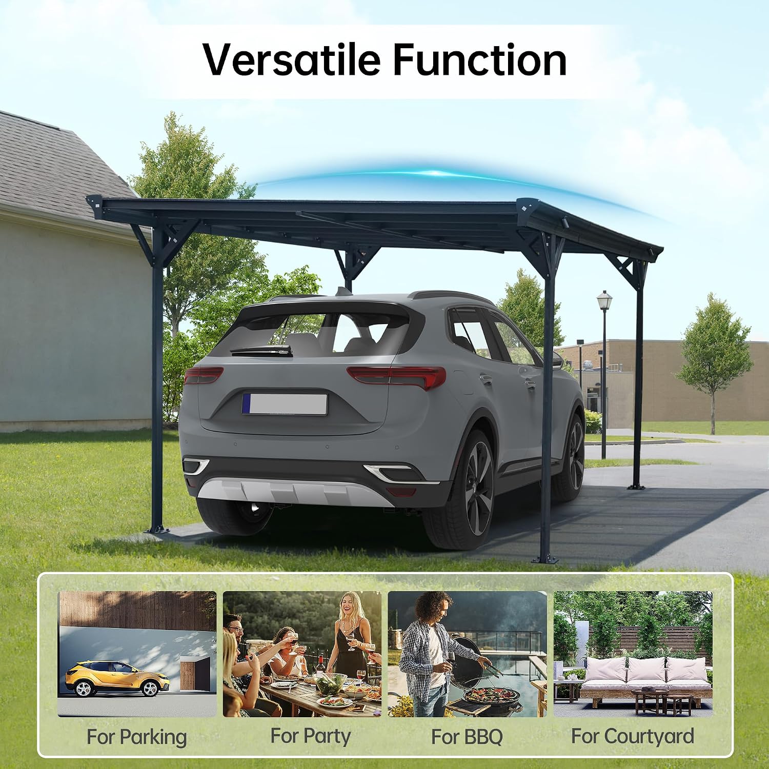 Real Relax Metal Carport 10 x 16ft with Heavy Duty Metal Frame & Pitched-Roof Polycarbonate Panel Canopy, Sturdy Canopy Shelter for Car, Truck, Pickup, SUV, Tractor, and Boat, Grey