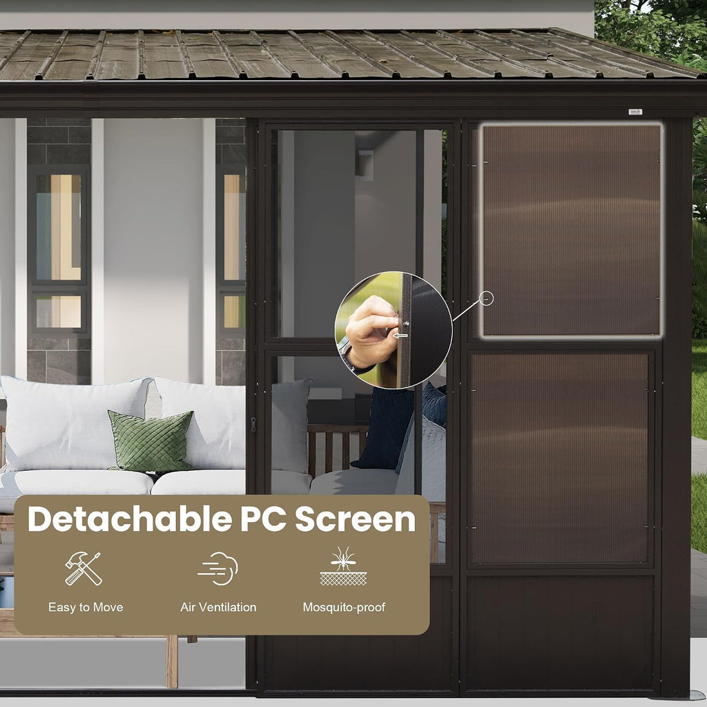 Domi 12x14FT Wall Mounted Sunroom, Against Wall Solarium with Galvanized Steel Sloping Roof, Detachable PVC Screen, Lockable Sliding Front and Side Doors, Lean-to Gazebo Sun Room for Deck Patio