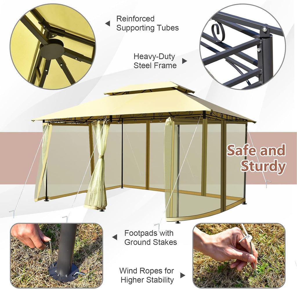 Tangkula 10 x 13 FT Patio Gazebo, 2-Tier Outdoor Gazebo with Removable Netting, Outdoor Patio Shelter with 130 Square Feet of Shade, Ideal for Backyard, Deck, Garden Beige