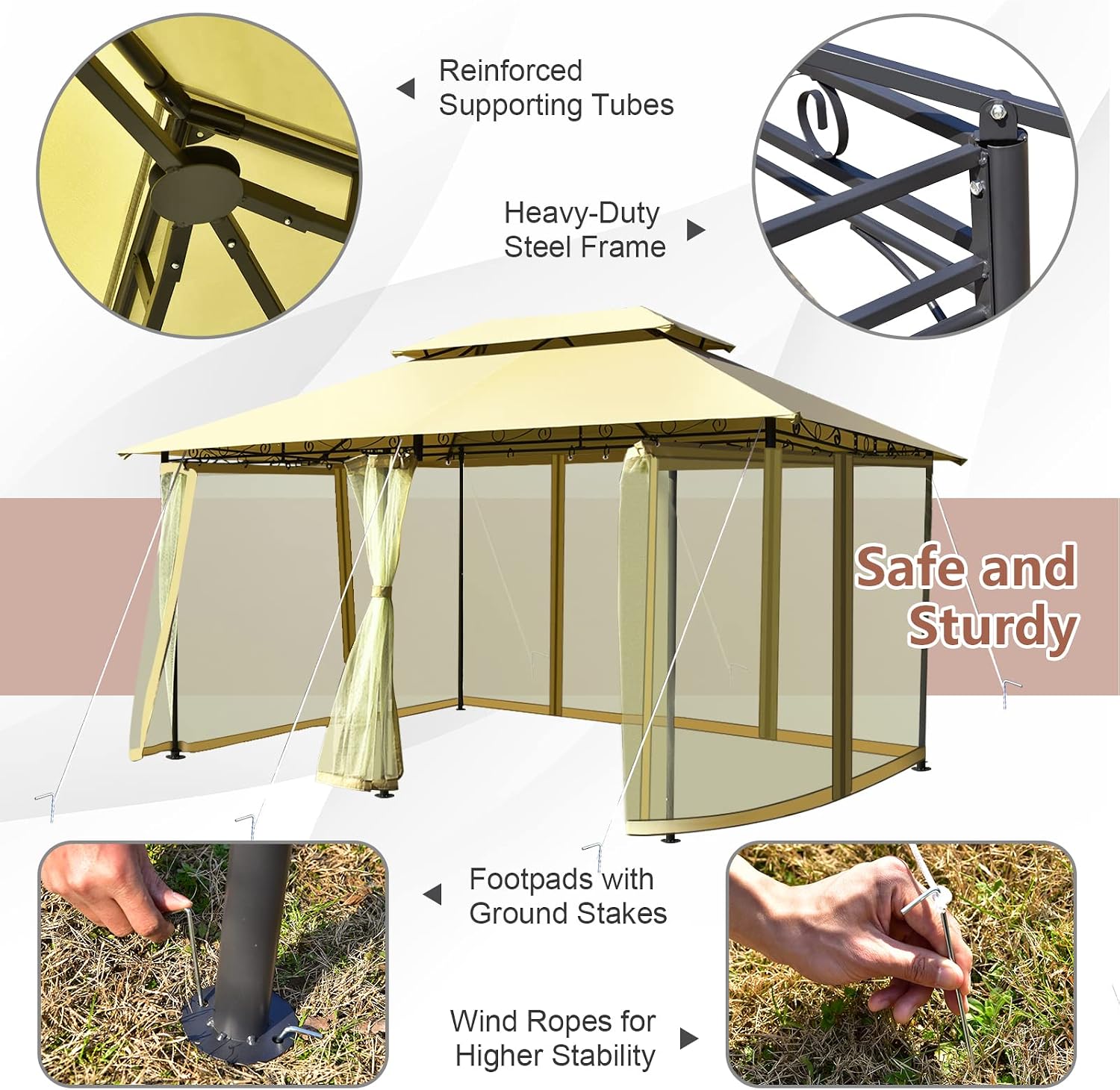 Tangkula 10 x 13 FT Patio Gazebo, 2-Tier Outdoor Gazebo with Removable Netting, Outdoor Patio Shelter with 130 Square Feet of Shade, Ideal for Backyard, Deck, Garden Beige
