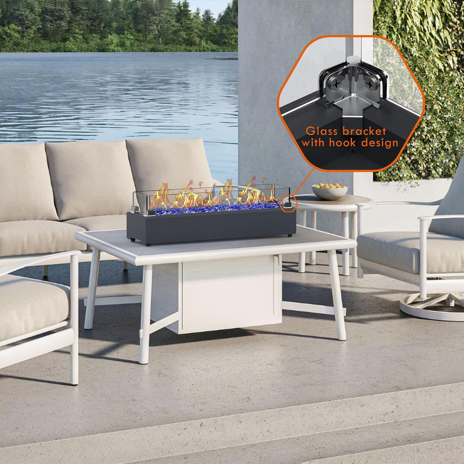 28-inch Table Top Propane Fire Pit, 40,000 BTU Tabletop Firepit for Patio, Outdoor Portable Rectangular Fire Bowl w/Wind Glass Shield, Glass Rocks - Carbon Gray