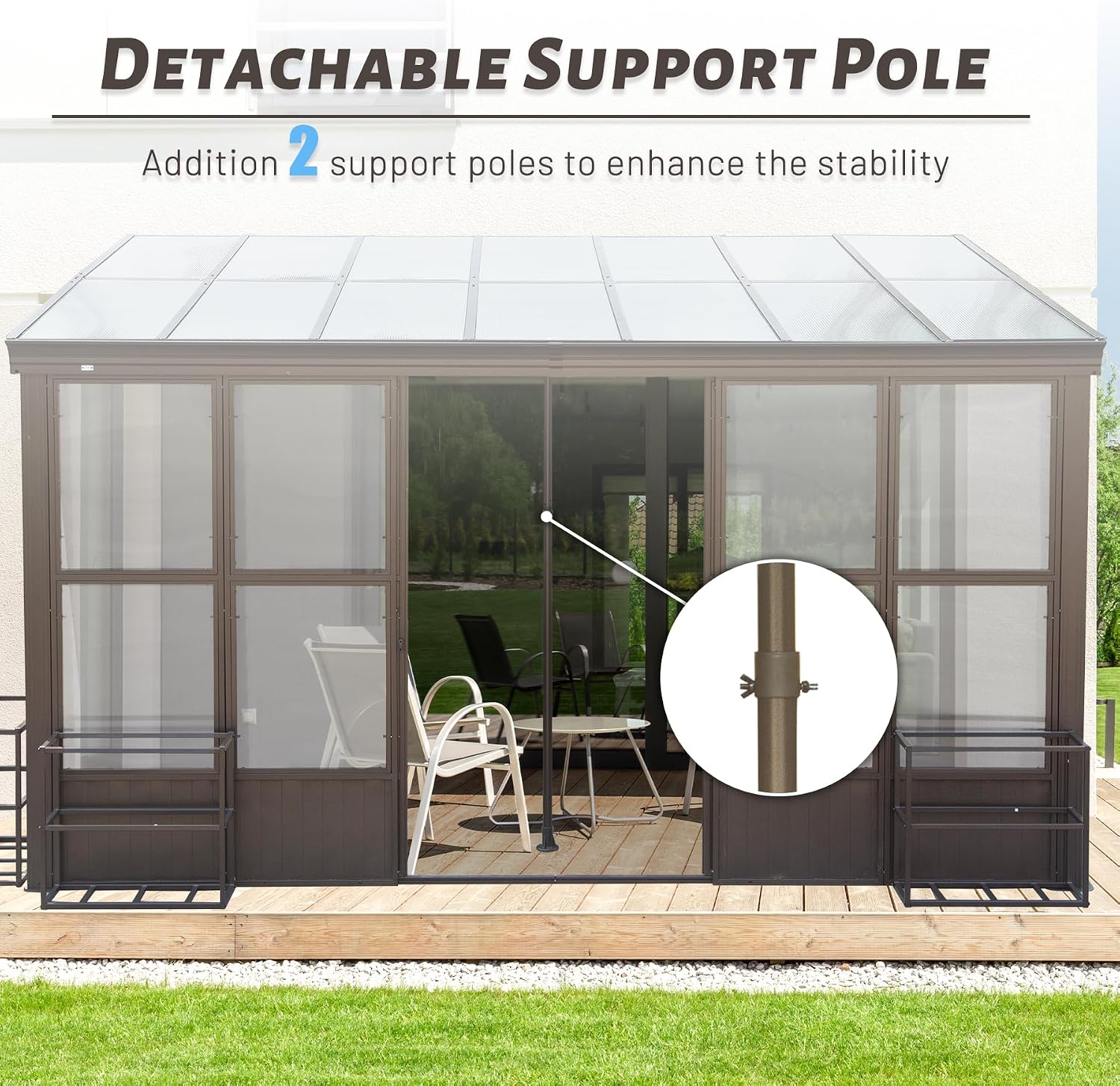 Domi 10x14FT All Season Sunroom, Outdoor Permanent Wall Mounted Solarium with Detachable Polycarbonate Windows, Aluminum Lean to Gazebo Sun Room with 2 Lockable Sliding Doors for Garden Patio Deck