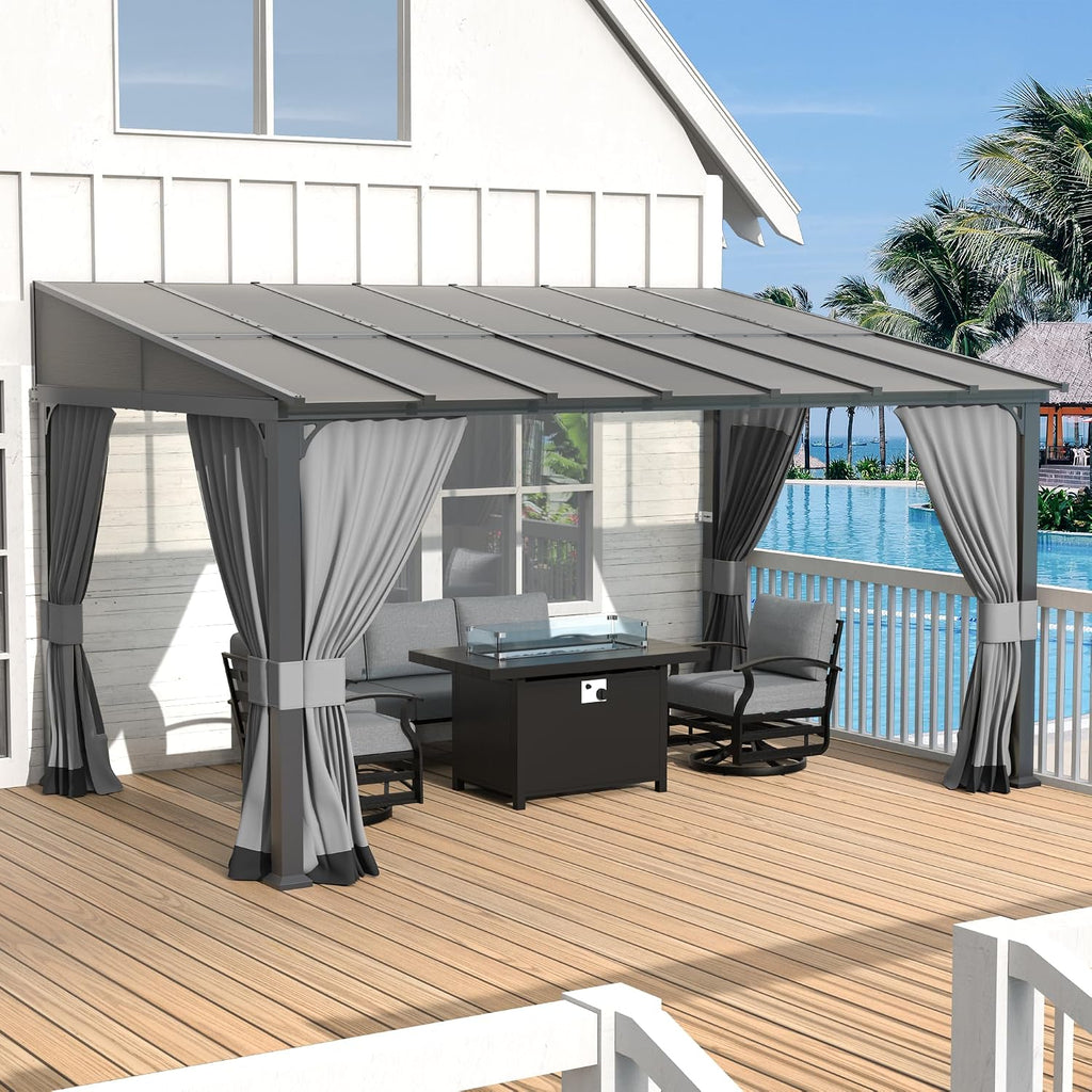 Kurapika 10' x 14' Wall Mount Gazebo Outdoor Pergola, Hardtop Lean to Gazebo Canopy Awnings with Sloped Roof and Sturdy Steel Frame, for Patio, Porch, Deck, Backyard(Grey)