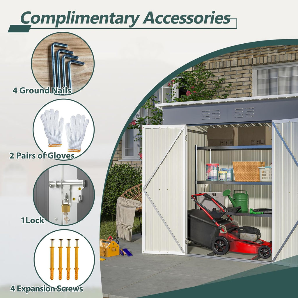 6x4 FT Shed Outdoor Storage Metal Large Garden Tool Sheds with Lockable Doors Floor Frame Shed-Roof Waterproof Steel Utility Equipment Sheds for Backyard Patio Lawn Poolside, Grey