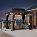 PURPLE LEAF 8' X 10' Hardtop Gazebo Outdoor Wood Grain Aluminum Frame Galvanized Steel Double Roof Gazebos with Lights for Patio Deck Backyard Garden