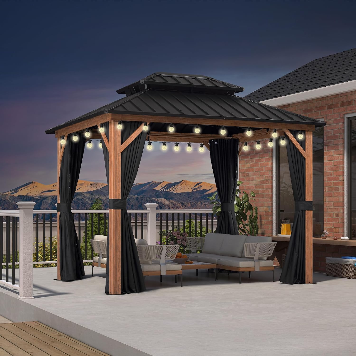 PURPLE LEAF 8' X 10' Hardtop Gazebo Outdoor Wood Grain Aluminum Frame Galvanized Steel Double Roof Gazebos with Lights for Patio Deck Backyard Garden