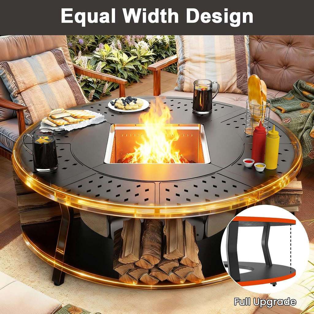 Uniflasy Smokeless Fire Pit and Fire Pit Surround Tabletop, Portable Protective Barrier Equal Width, Safety & Extra Space, 48' Outdoor Tabletop & 17' Smokeless Firepit for Backyard, Camping & Party