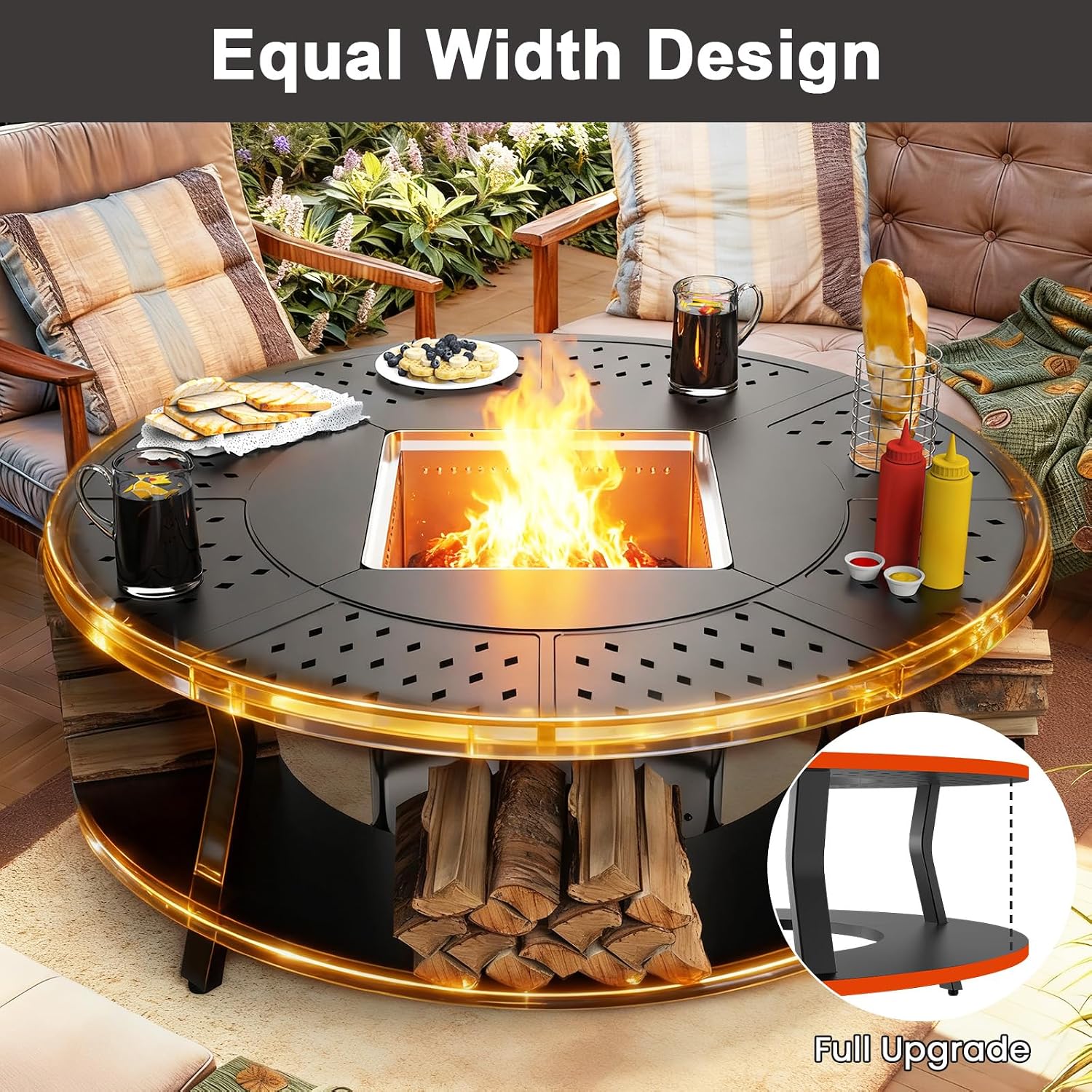Uniflasy Smokeless Fire Pit and Fire Pit Surround Tabletop, Portable Protective Barrier Equal Width, Safety & Extra Space, 48' Outdoor Tabletop & 17' Smokeless Firepit for Backyard, Camping & Party