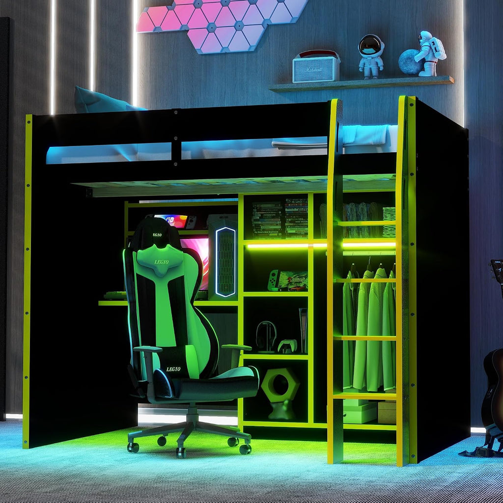 SOFTSEA Full Size Gaming Loft Bed with Desk, Bookshelves, Open Wardrobe & LED Lights for Bedroom, No Box Spring Needed, Green