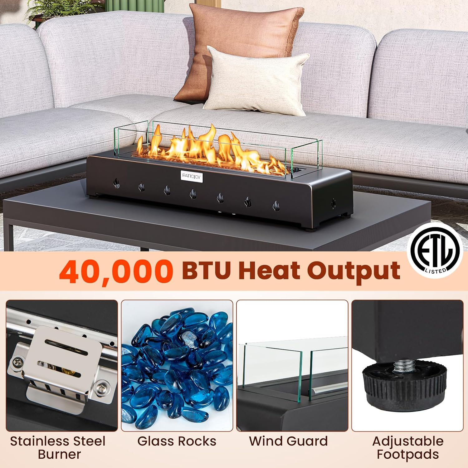 Tangkula 30 Inch Tabletop Propane Fire Pit, Portable Mini Fireplace with Wind Guard & Stainless Steel Burner, 40,000 BTU Metal Fire Pit with Glass Rocks & Cover for Patio, Camping