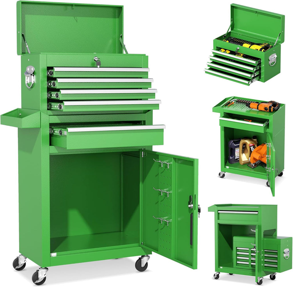 INTERGREAT Rolling Tool Chest, 5-Drawer Tool Box Organizer, Lockable Wheels & Sliding Drawers & Detachable Top, Tool Storage Cabinet for Garage Workshop (Green)