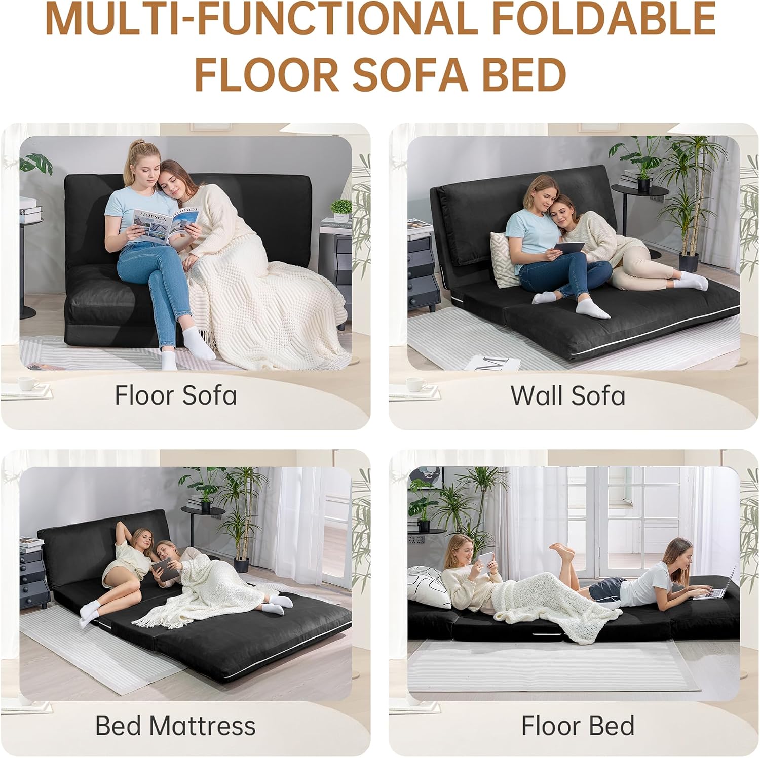Cvortll 4-in-1 Folding Sofa Bed, Memory Foam Bean Bag Chair, Large Convertible Couch, Floor Foldable Sofa for Bedroom, Living Room, Apartment (Black-Large)