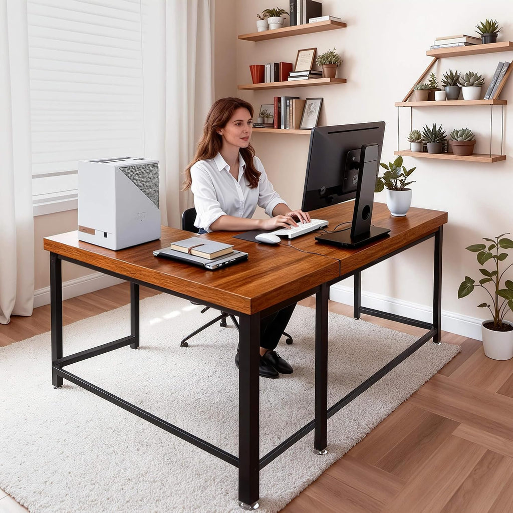 ivinta L Shaped Desk, Modern Corner Home Office Computer Desk with 2' Thicker Desktop for Study Work, Simple Reversible Worksation with Metal Frame for Bedroom Living Room Novas (Light Brown)