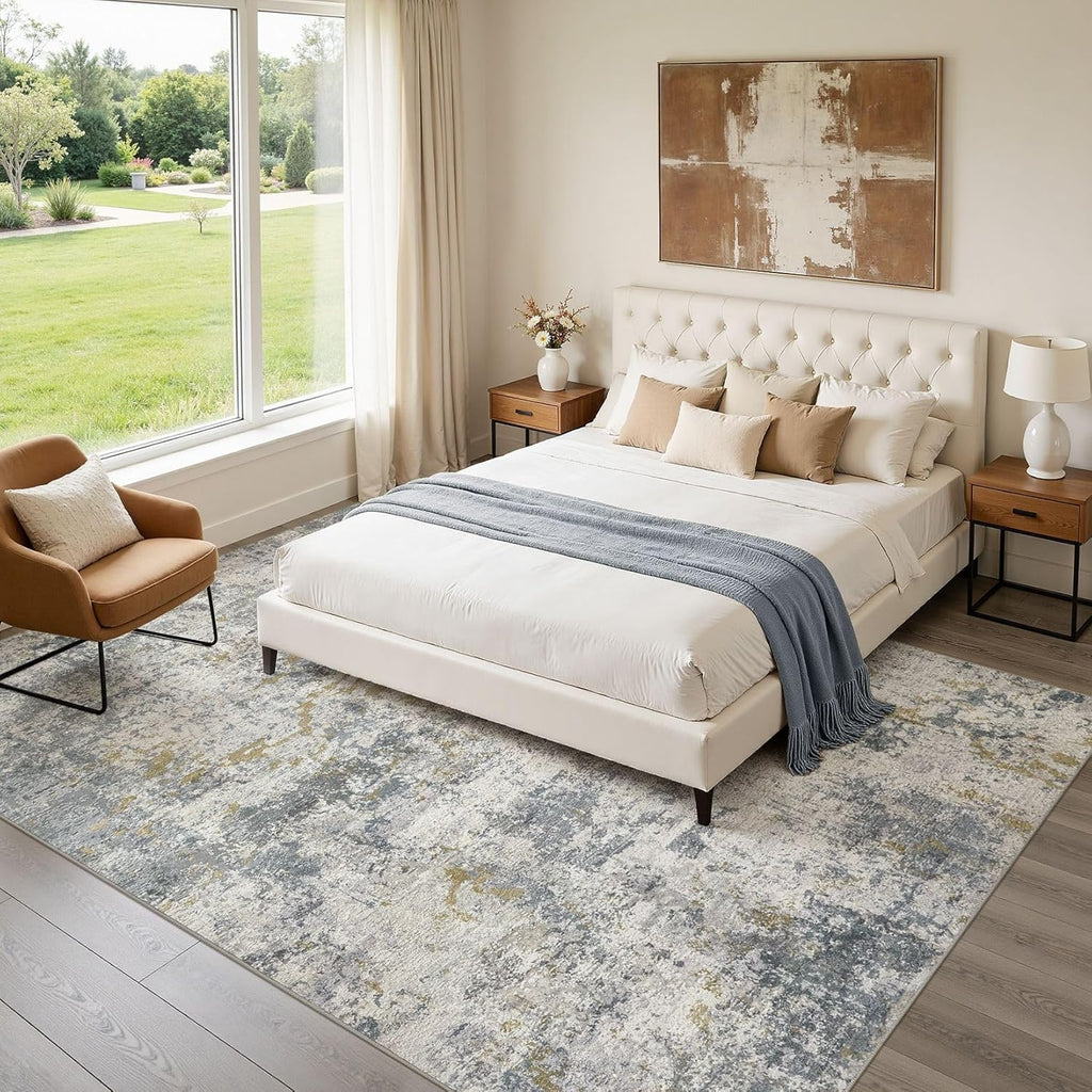 kakania 10x12 Washable Area Rug: Abstract Modern Non Slip Soft Low Pile Carpet, Easy Clean Polyester Kid Pet Friendly, Thin Rug for Living Room Bedroom Kids Dorm Office, Robot Vacuum - Blue Grey