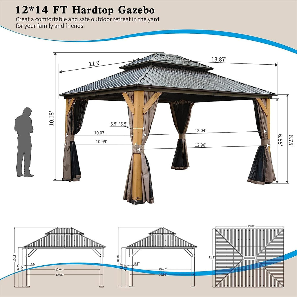 12'x14' Hardtop Gazebo with Cedar Wood Frame, Outdoor Wood Gazebo with Galvanized Steel Double Roof, Permanent Metal Roof Gazebo with Curtains and Netting for Patio, Backyard and Lawn(Brown)