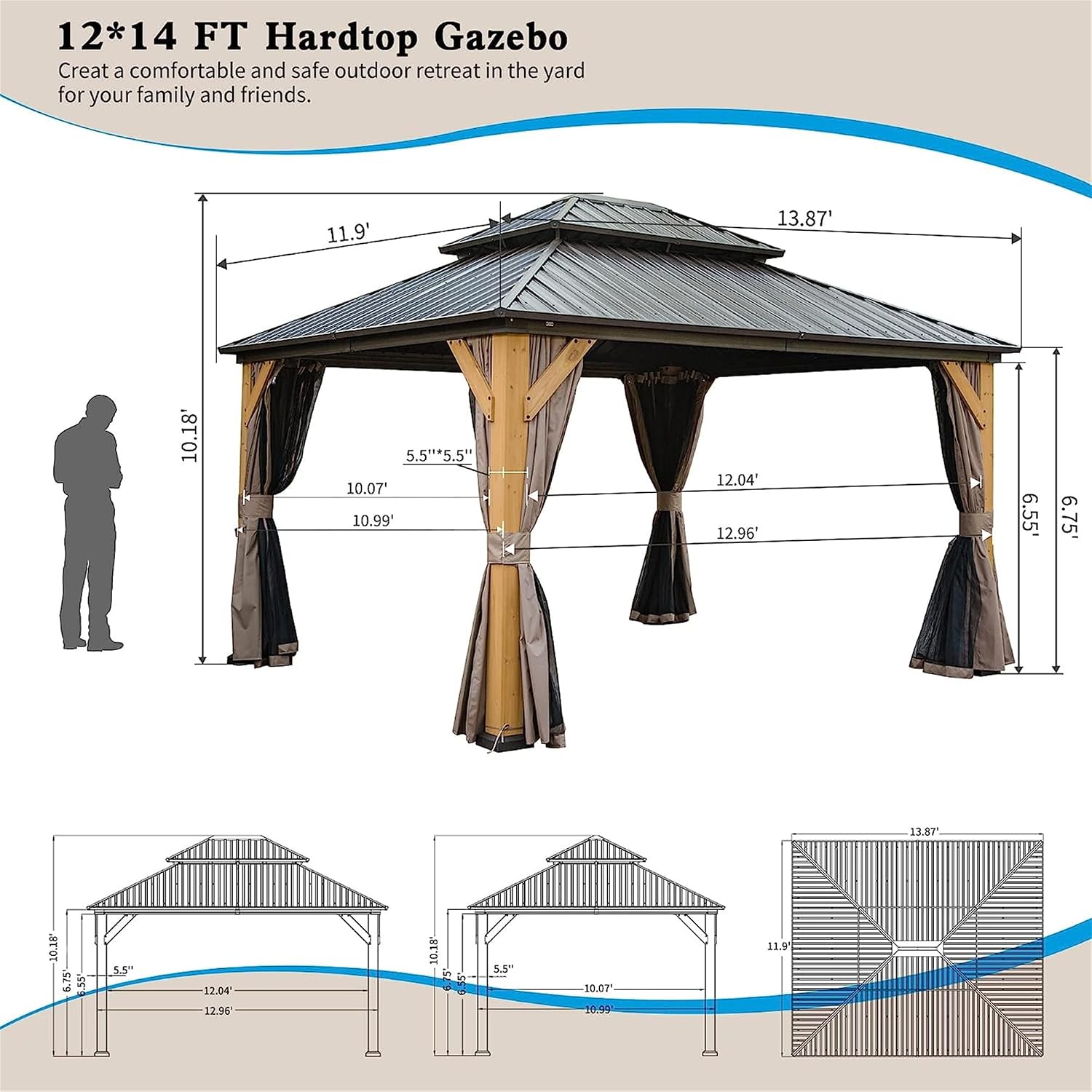 12'x14' Hardtop Gazebo with Cedar Wood Frame, Outdoor Wood Gazebo with Galvanized Steel Double Roof, Permanent Metal Roof Gazebo with Curtains and Netting for Patio, Backyard and Lawn(Brown)