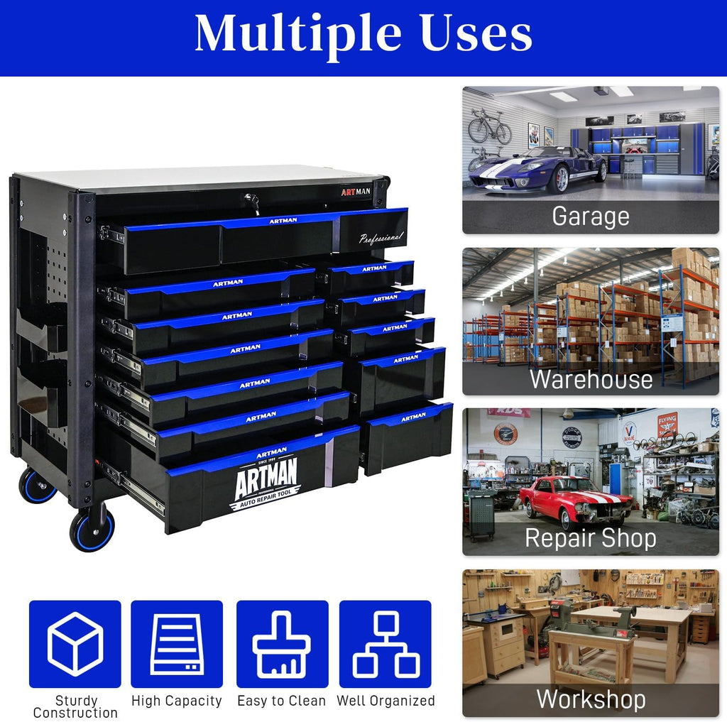 Heavy Duty Rolling Tool Chest with 12-Drawer Tool Cart Mechanic Tool Box with Wheels Tool Storage Cabinet Mobile Workbench Tool Bench for Garage, Workshop, Warehouse, Repair Shop, Iron Top